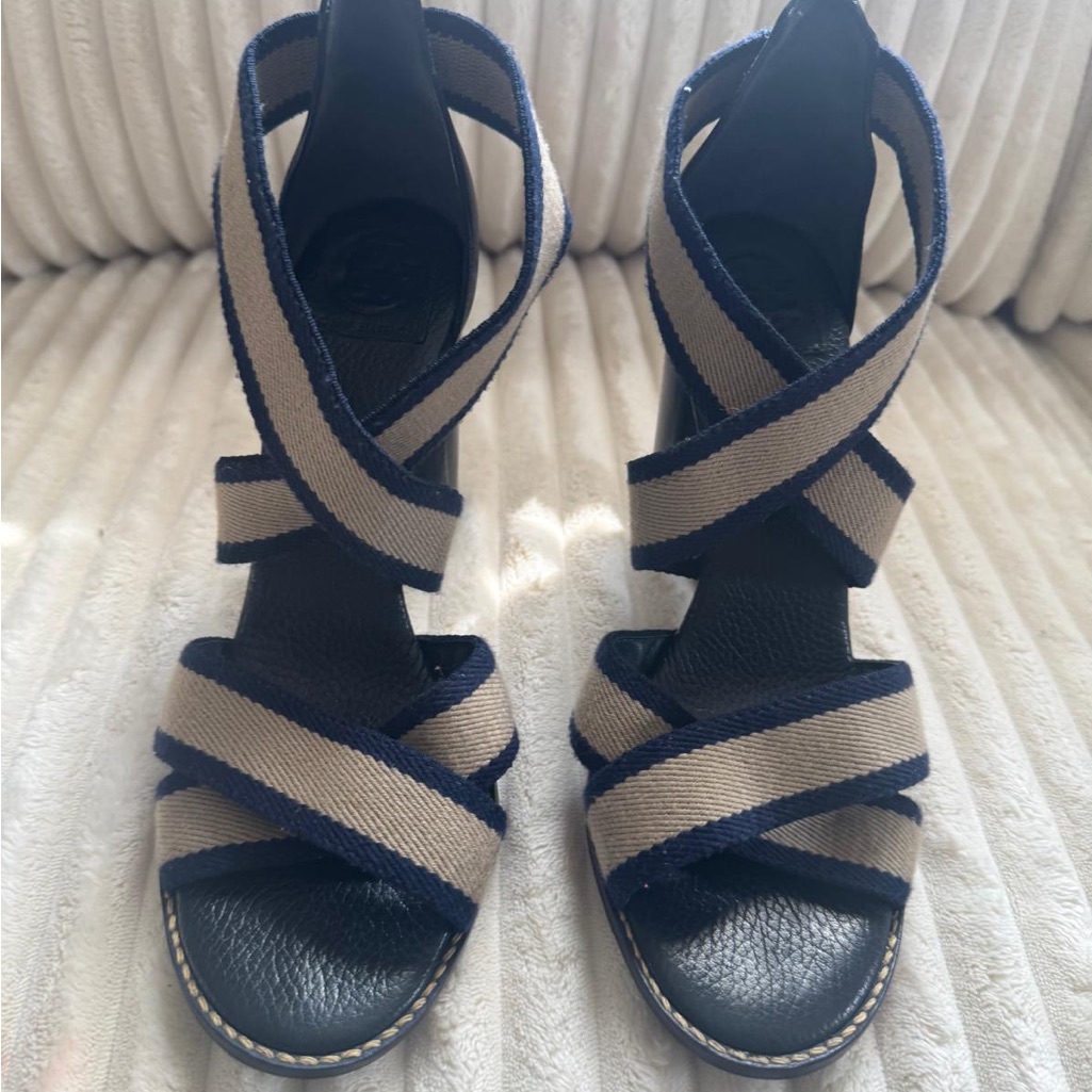 Tory Burch Navy And Beige Crisscross Wedge Sandals